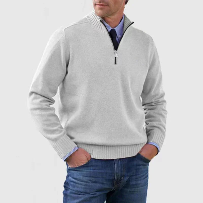 Men's cotton turtleneck sweater with zipper closure.