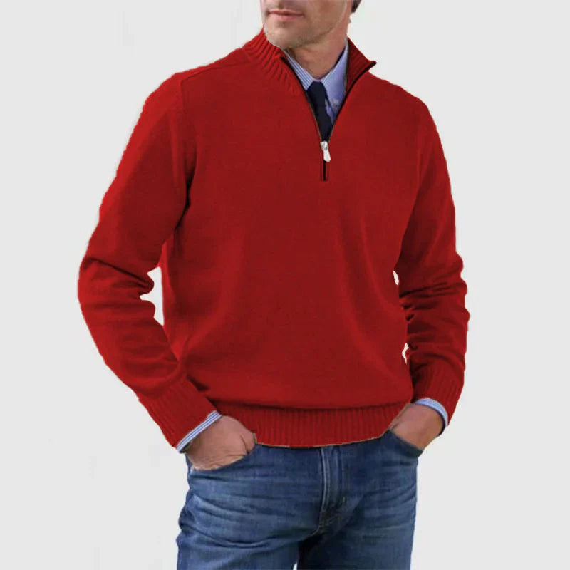 Men's cotton turtleneck sweater with zipper closure.