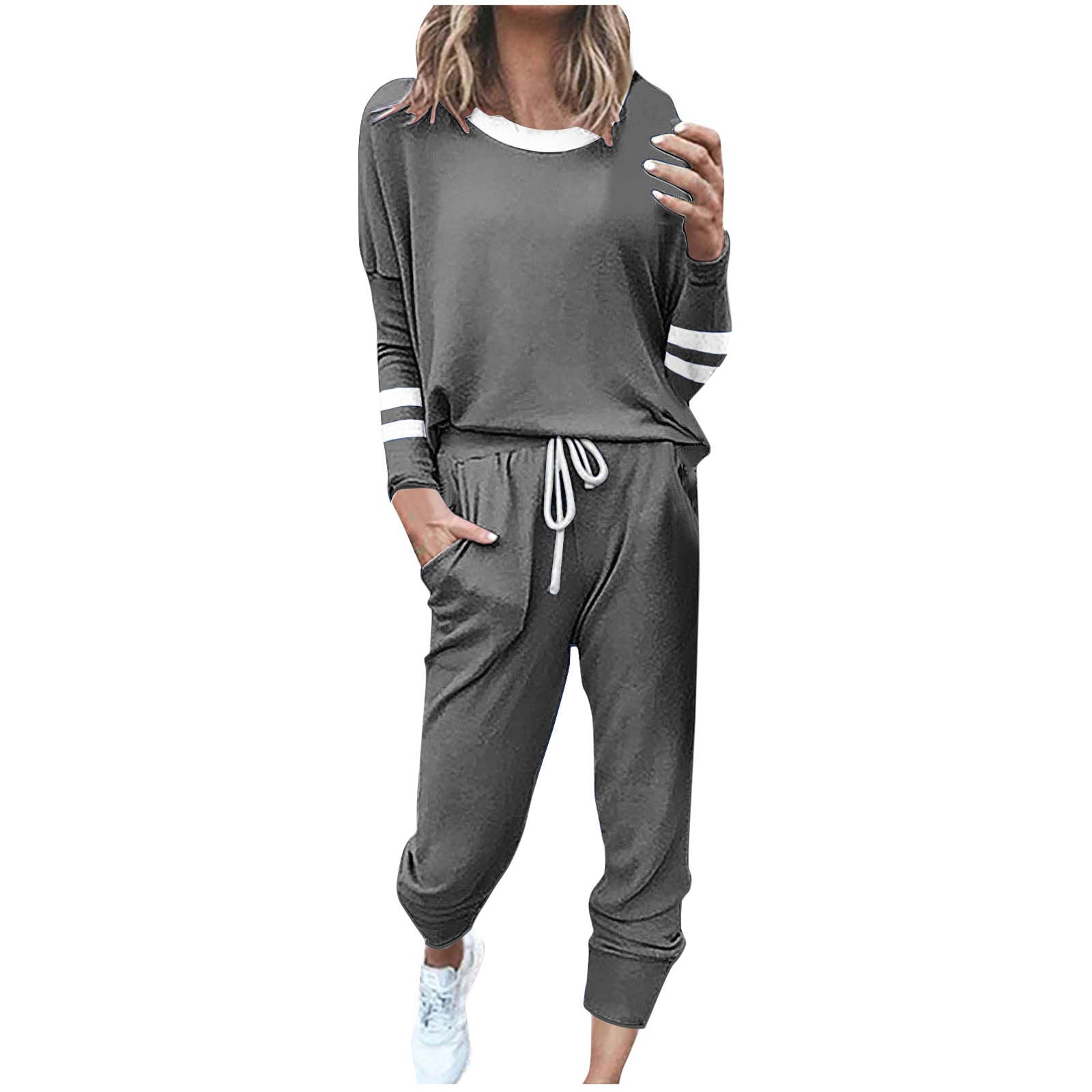 Women's Fashionable Loose Color Block Striped Long Sleeve Round Neck Drawstring Sports Casual Top Plus Pants Set Autumn 2025