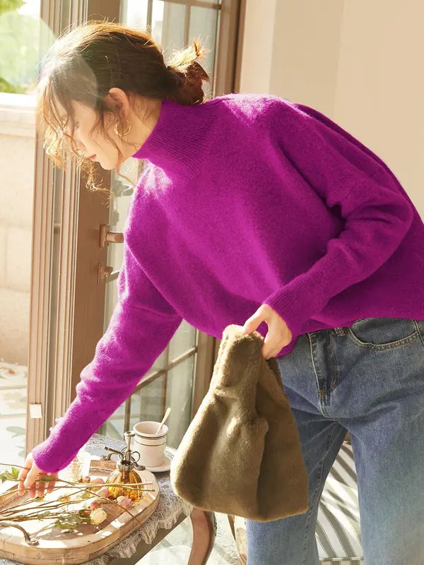 Autumn Winter Women's Sweater, High Neck Loose Casual French Style Knitwear, Elegant Simple Solid Color Pullover, Long Sleeve Knit Top