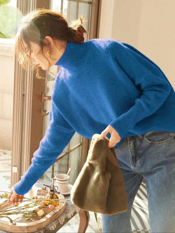 Autumn Winter Women's Sweater, High Neck Loose Casual French Style Knitwear, Elegant Simple Solid Color Pullover, Long Sleeve Knit Top