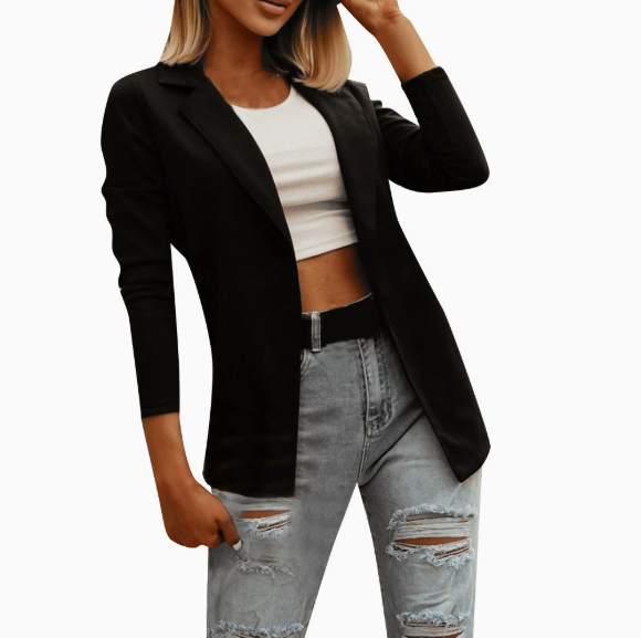 Goranbon Womens Casual Long Sleeve Blazers Solid Color Knit Blazer Work Office Open Front/Button Down Blazer Jacket Formal Essential