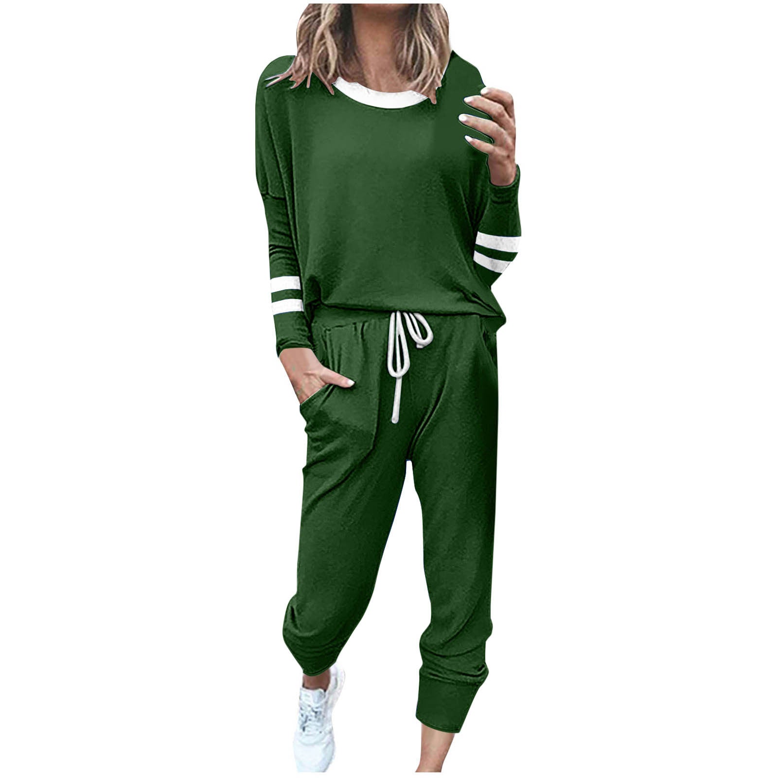 Women's Fashionable Loose Color Block Striped Long Sleeve Round Neck Drawstring Sports Casual Top Plus Pants Set Autumn 2025