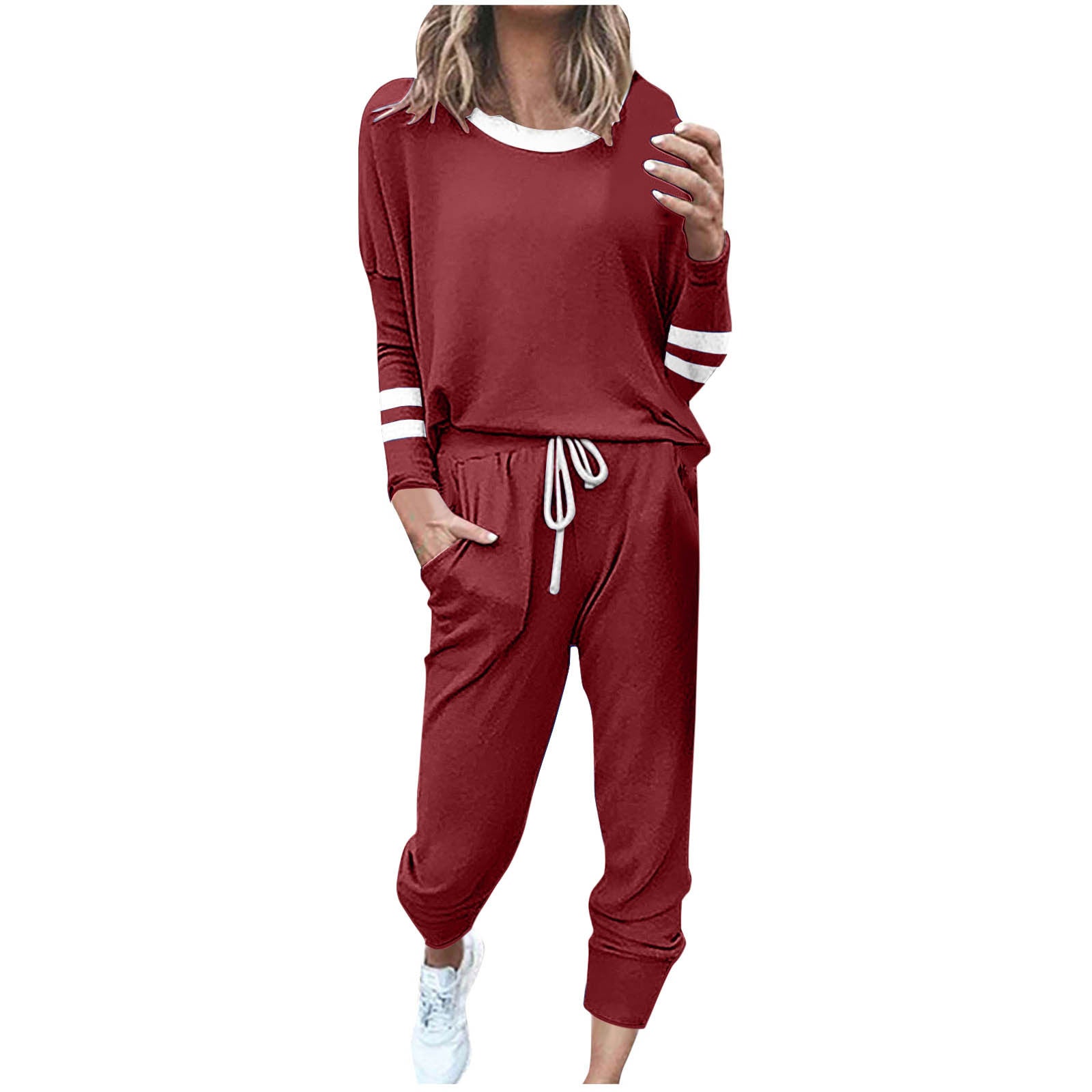 Women's Fashionable Loose Color Block Striped Long Sleeve Round Neck Drawstring Sports Casual Top Plus Pants Set Autumn 2025
