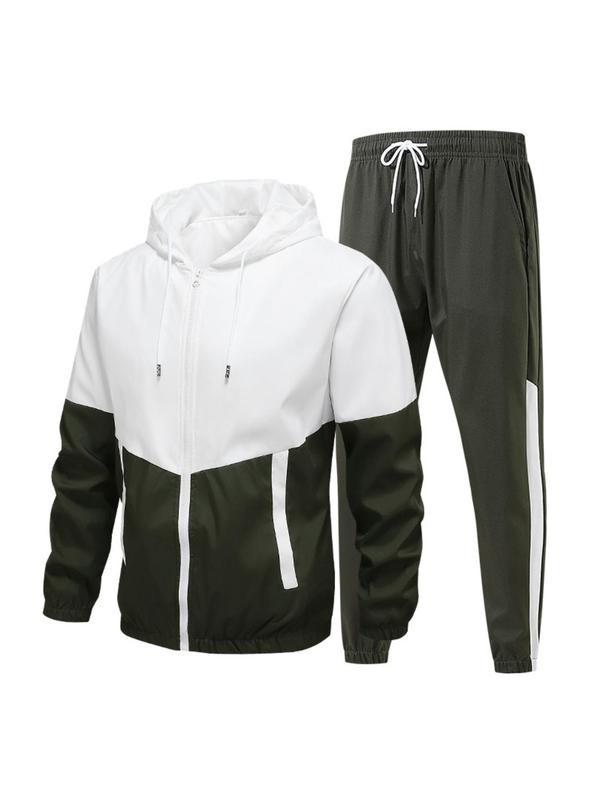[Holiday Haul]KZZ Men's Colorblock Drawstring Zip Up Hoodie & Joggers French Terry Set Casual Athletic Long Sleeve Hooded Jacket & Trousers for Fall Winter Men's Clothing for Daily Wear Summer Sportswear Indoor Outdoor Tracksuit