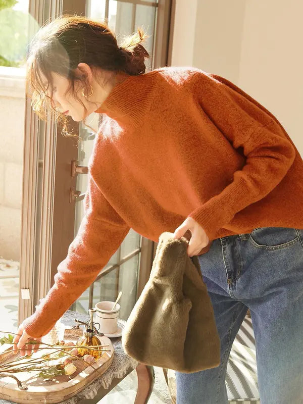 Autumn Winter Women's Sweater, High Neck Loose Casual French Style Knitwear, Elegant Simple Solid Color Pullover, Long Sleeve Knit Top