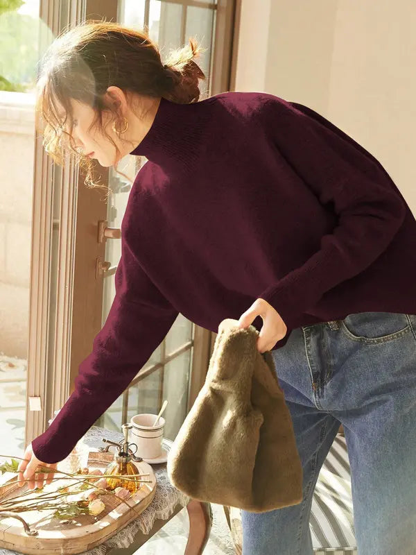 Autumn Winter Women's Sweater, High Neck Loose Casual French Style Knitwear, Elegant Simple Solid Color Pullover, Long Sleeve Knit Top